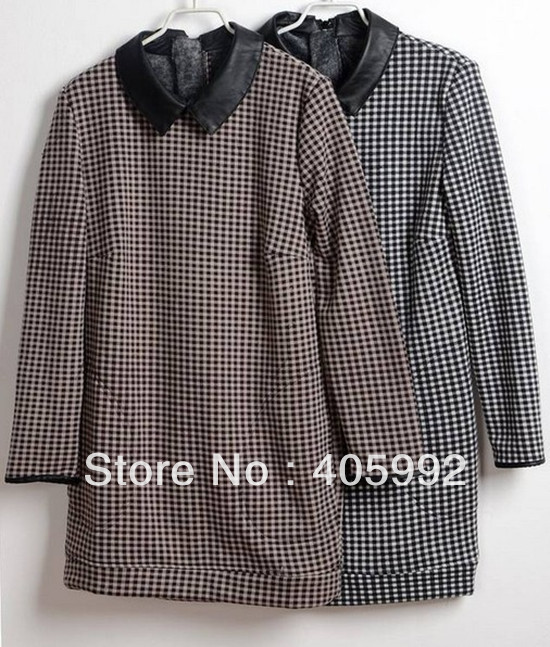 Top grade new arrival vintage plaid&faux leather collar patchwork design dress in 2 colors,thick dress, high quality of cotton