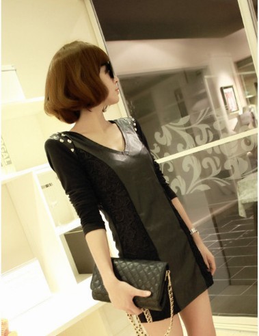 Top grade PU leather women dress stitching lace ladies dress long sleeve Fashion dress