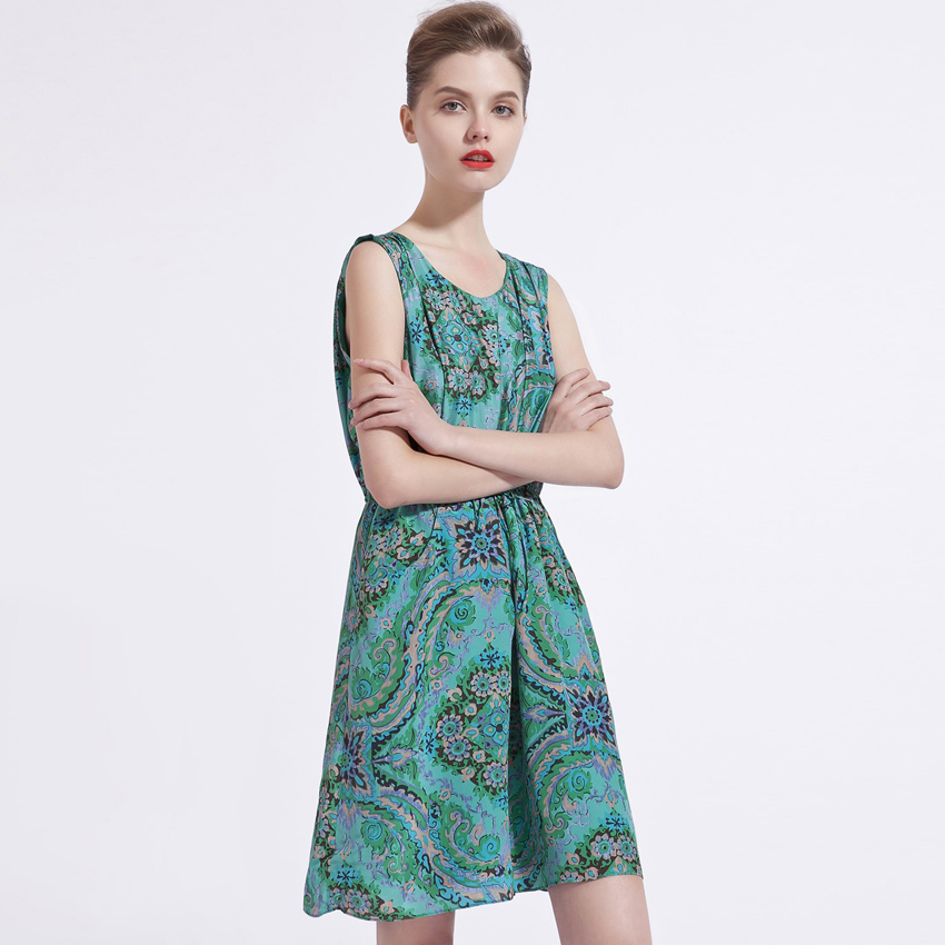 Top leather Oz j civilities elegant spring and summer green print silk one-piece dress