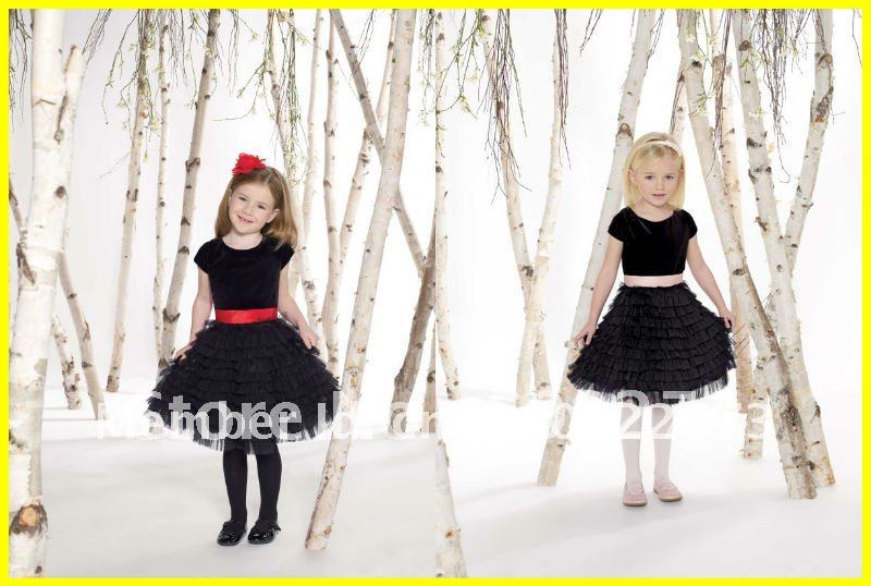 Top Quality 2012 Hot Short Sleeve Tulle Ruched Knee Length Black A line Cute Flower Girl Dresses Kid's Prom Dress