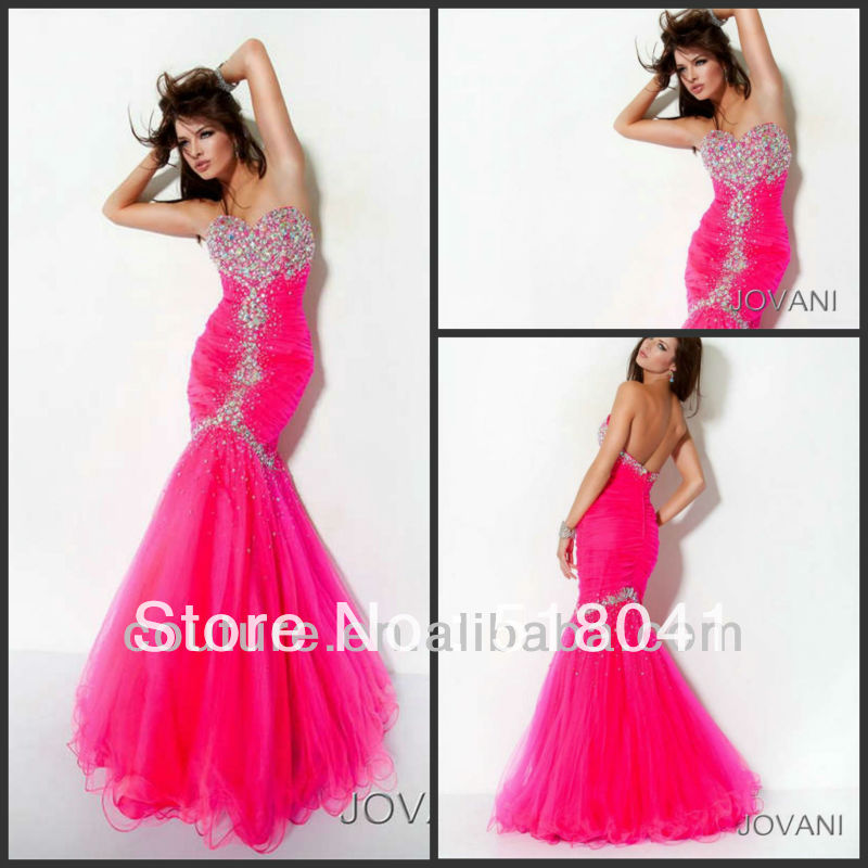 Top quality strapless beaded ruffle organza hot pink floor length fishtail evening dress ed062