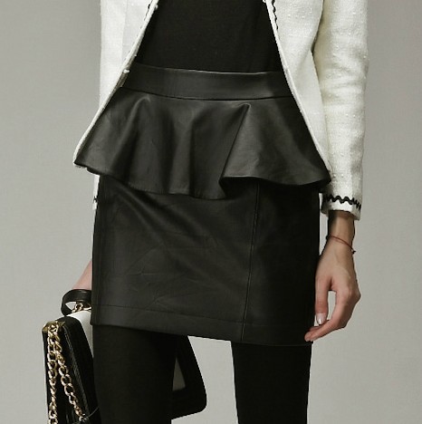 Top Quality Women Vtg Punk Faux Leather High Waist Elegant Ruffle Peplum Fitted Wiggle Skirt  Free Shipping