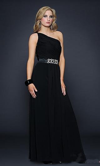 Top sale Beaded Accents Chiffon Floor length one shoulder black gown