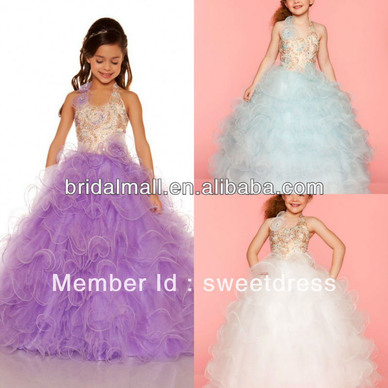 Top sale gorgeous ruffled ball gown beaded Halter flower girl's pageant dress tiered ruched girl's prom gowns JW0055