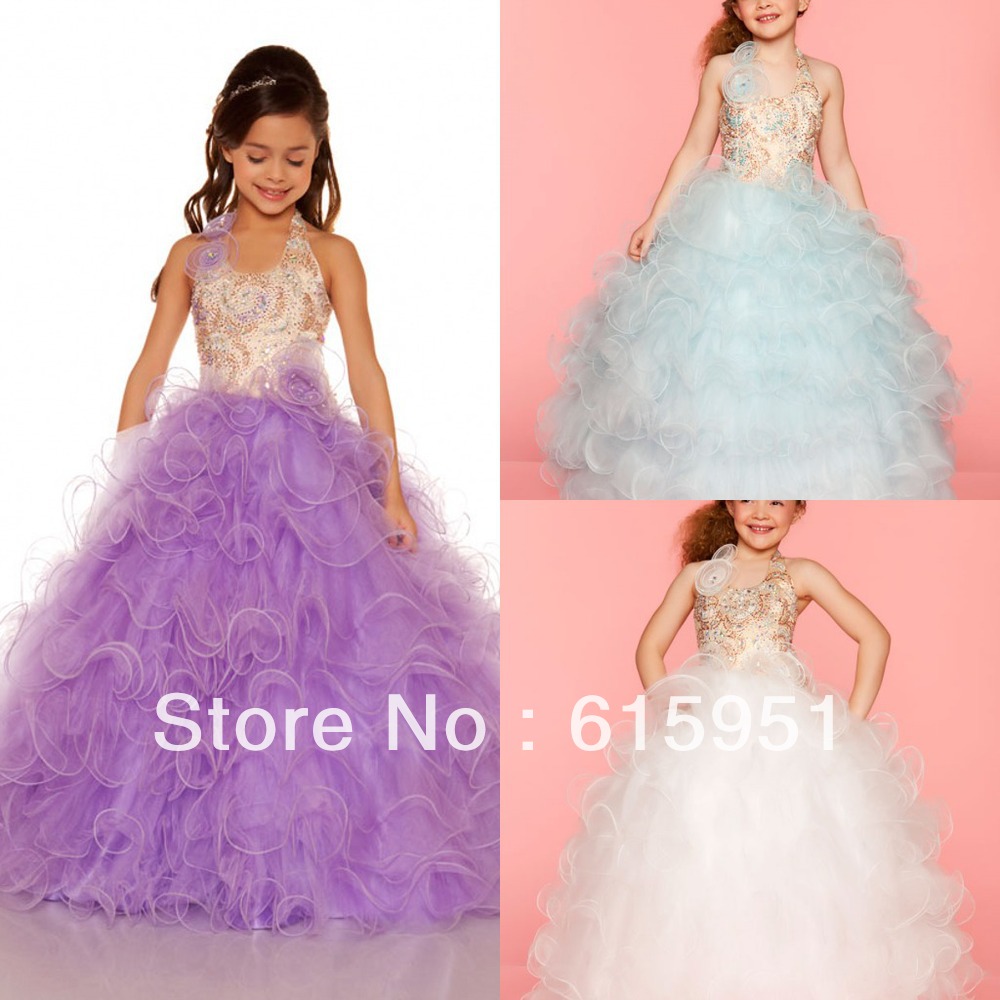 Top sale gorgeous ruffled ball gown beaded Halter flower girl's pageant dress tiered ruched girl's prom gowns JW0055