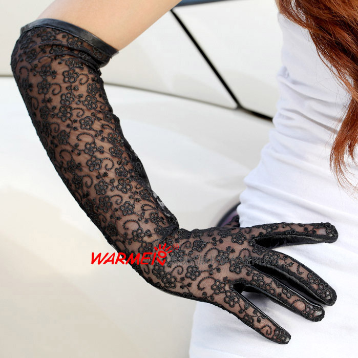 Top sheepskin medium-long spring lace genuine leather female gloves sunscreen l112n
