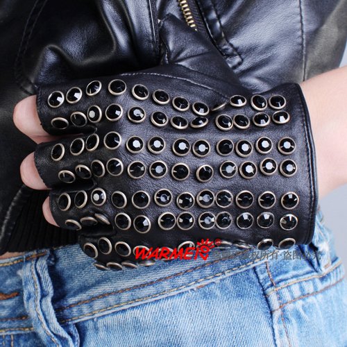 Top sheepskin women's short design semi-finger diamond genuine leather gloves l116n