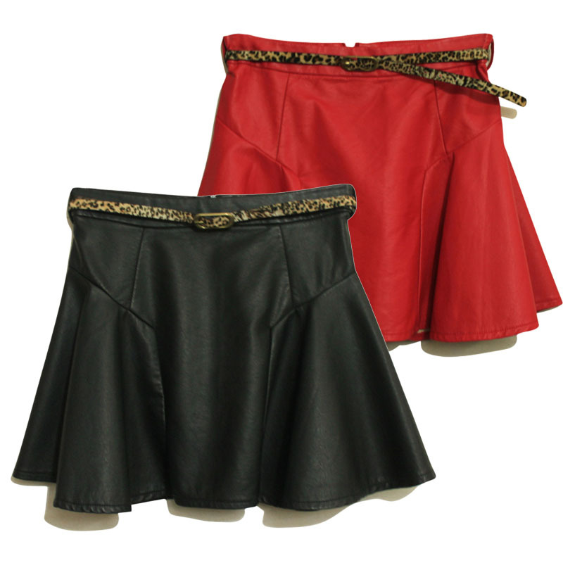 TOP Shop fashion leather skirt, high quality PU leather A-line high waist puff skirt (sexy leopard belted for FREE)