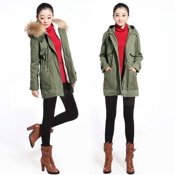 Top Star Womens Cotton Warm Coat Real Fur Collar Lamb Fur Inside Army Green