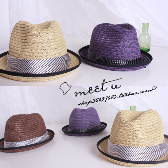 Top stripe cap tape roll up hem all-match straw braid hat roll-up hem male women's general fashion