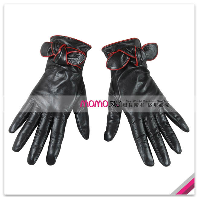 Top suede bow two-color women's genuine leather gloves l047nq