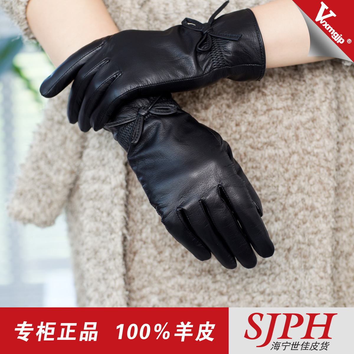 Top suede gloves genuine leather gloves winter fashion bow women's thermal sheepskin
