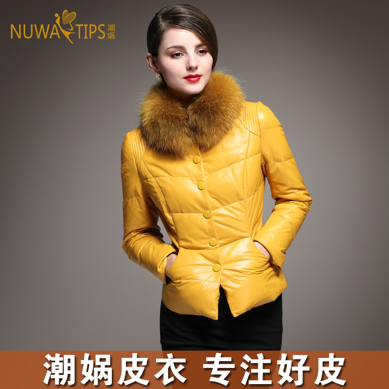 Top women's genuine leather sheepskin down coat p15 raccoon fur genuine leather female leather clothing slim short design