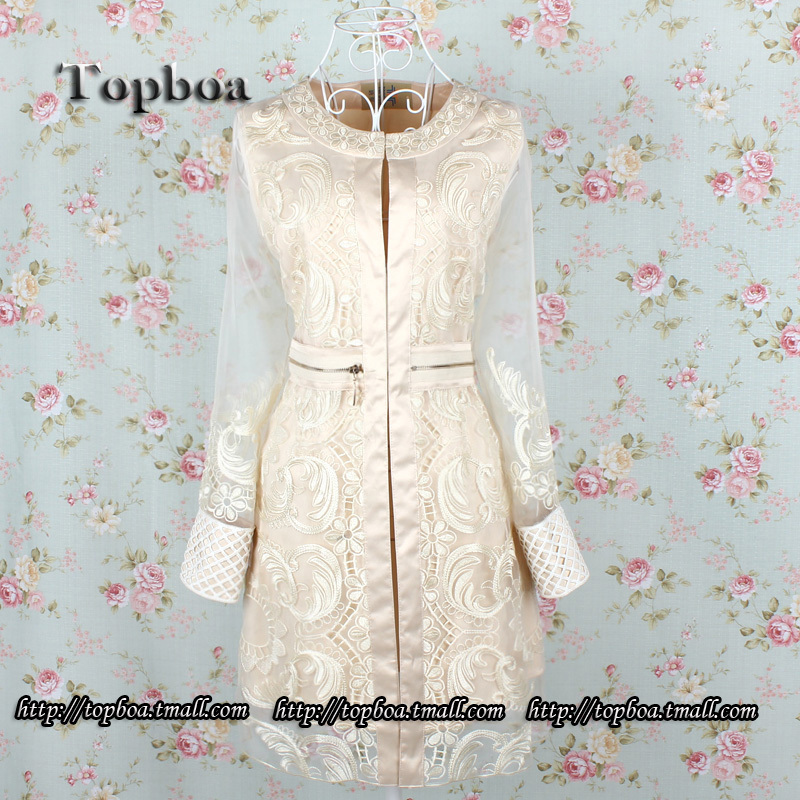 Topboa 2012 o-neck royal embroidered gauze popper medium-long long-sleeve dress trench