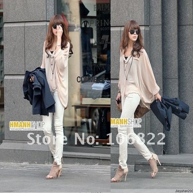 Tops Blouses Chiffon Batwing Loose Shirt Asym Hem Blouse Tops New Pink Free Shipping