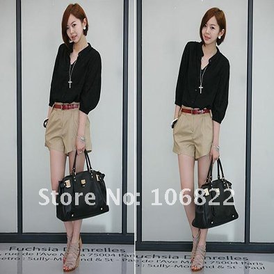 Tops Blouses  Fashion Womens Mid Sleeve Transparent Cotton Blent Botton Shirt Blouse Top Free Shipping Black