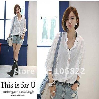 Tops Blouses  Fashion Womens Mid Sleeve Transparent Cotton Blent Botton Shirt Blouse Top Free Shipping White