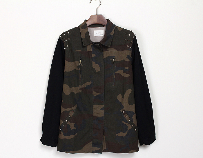 topshop spot export Autumn Ladies tide rivet mixed colors camouflage uniform wind tooling denim jacket