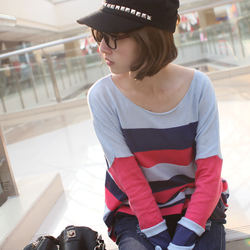 Touch exkark 2011 women's o-neck stripe batwing sleeve thin sweater d53t0631