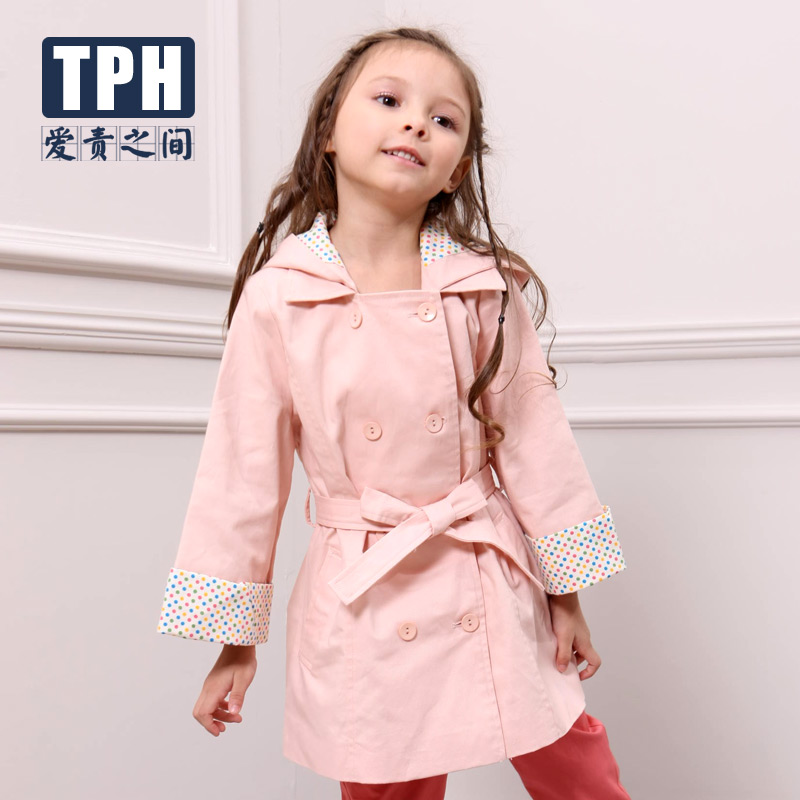 Tph children's clothing female child 2013 spring medium-long trench all-match hooded outerwear belt
