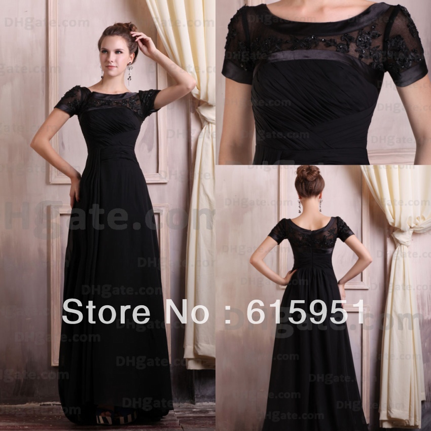 Traditional short sleeve lace shirt portrait neckline A-line black chiffon evening dress 2013 JY255