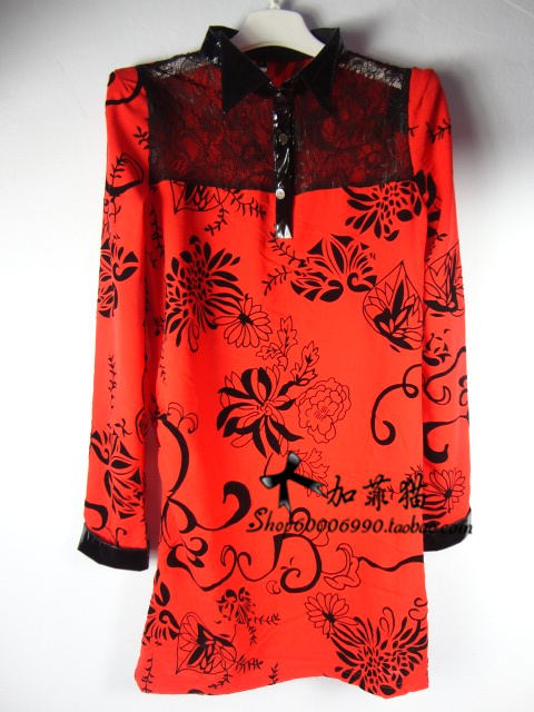 Transhipped japanned leather sistance pointed collar shoulder pads lace decorative pattern long basic shirt one-piece dress