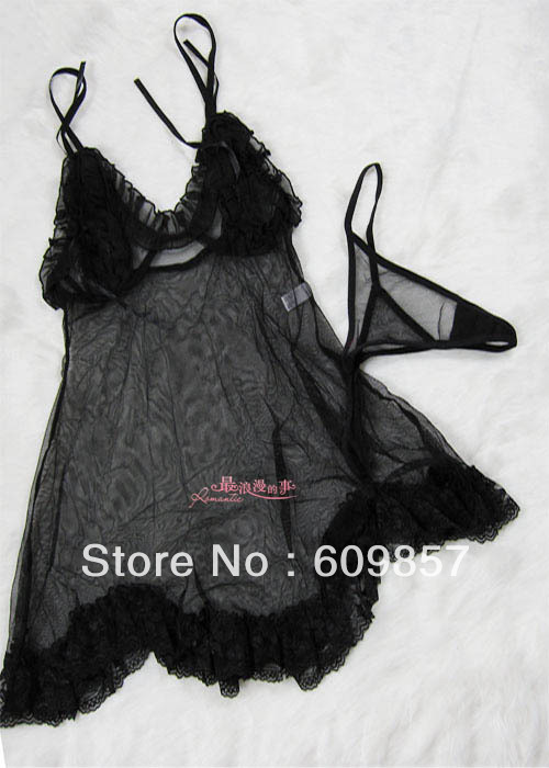 Transparent black lace sleepwear thong 2103