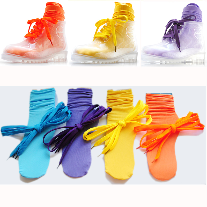 Transparent  crystal rainboots candy socks shoelace fashion woman set bow socks shoelace set