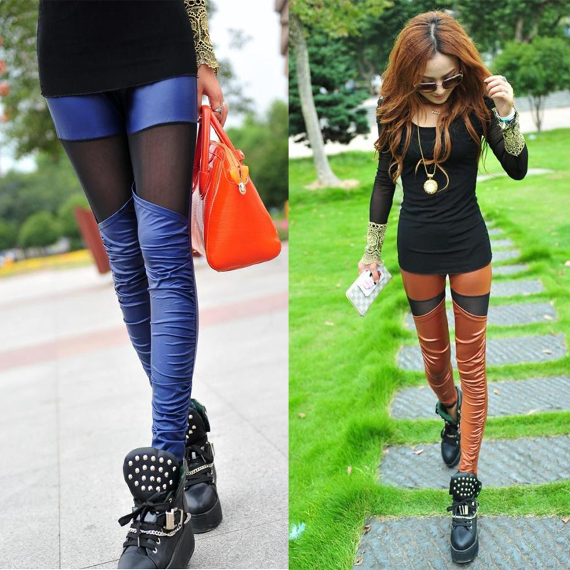 Transparent gauze faux leather patchwork legging ankle length trousers personality women's skinny pants