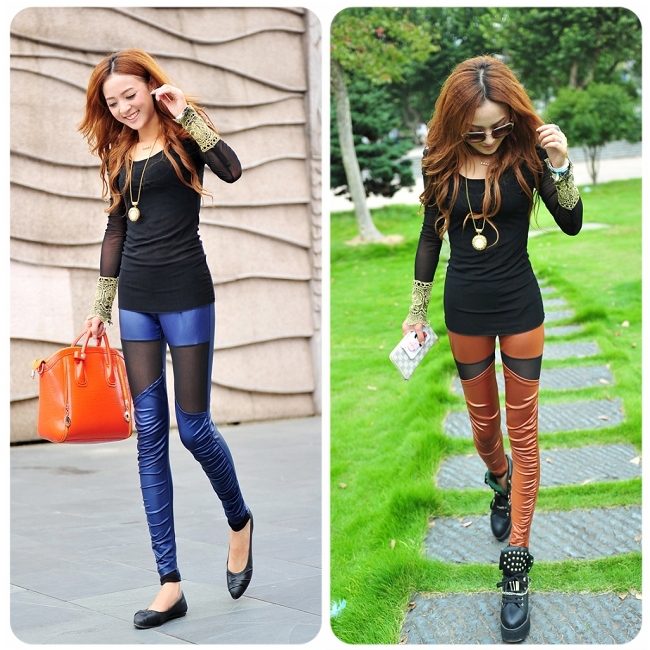 Transparent gauze faux leather patchwork legging ankle length trousers personality women's skinny pants