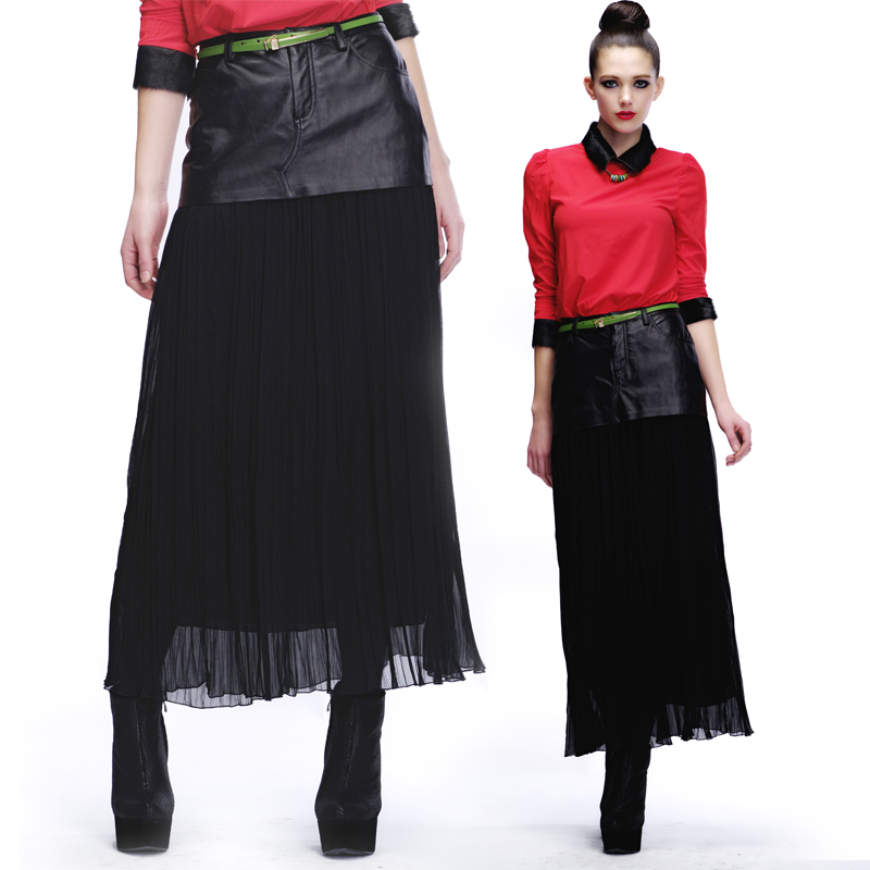 Transparent organza patchwork genuine leather sheepskin skirt bag faux two piece bust skirt slim high waist skorts