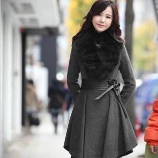 Trench autumn and winter elegant fur collar pleated slim waist slim wool coat gentlewomen long design trench outerwear