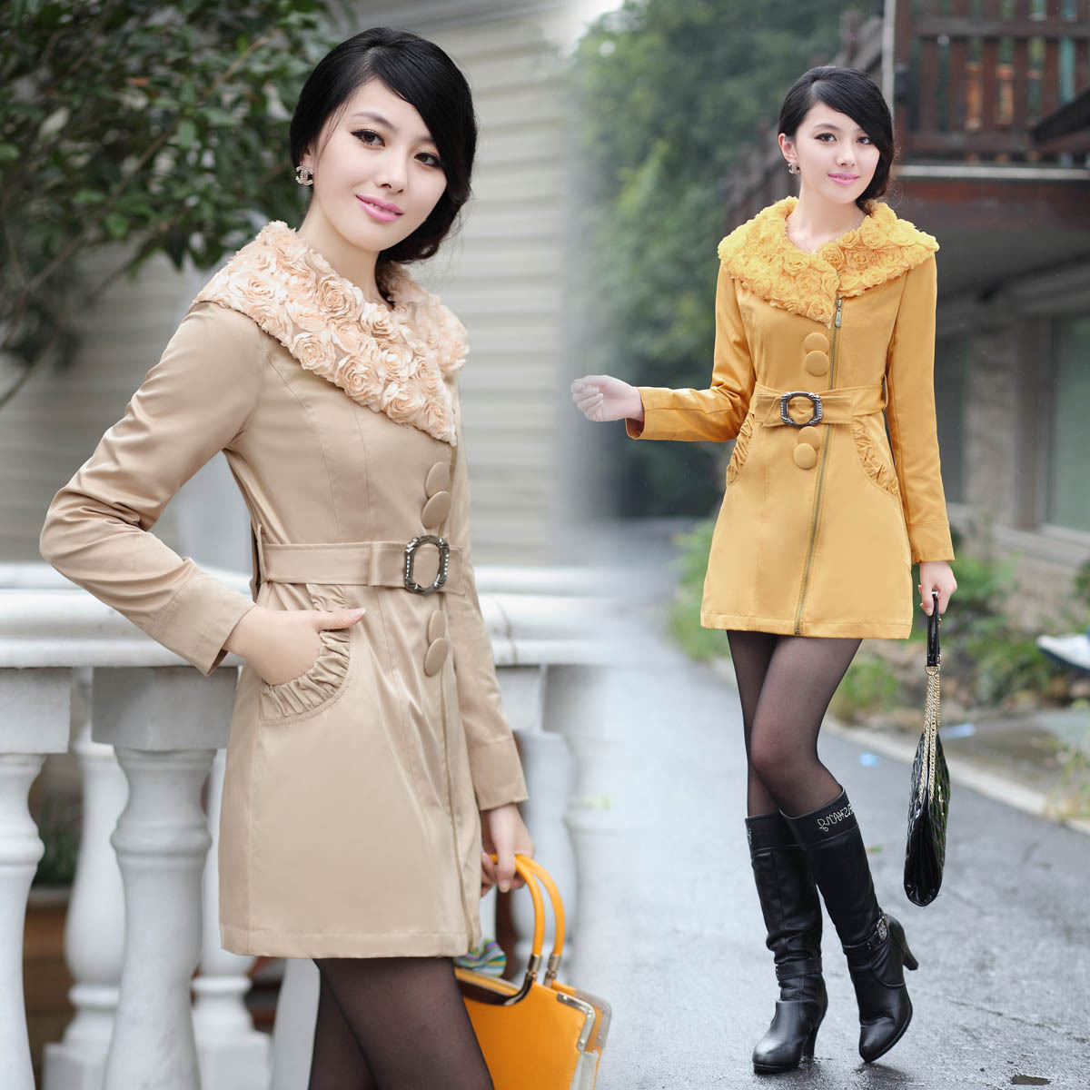 Trench female autumn gentlewomen elegant long-sleeve turn-down collar flower trench outerwear zrg8829 belt