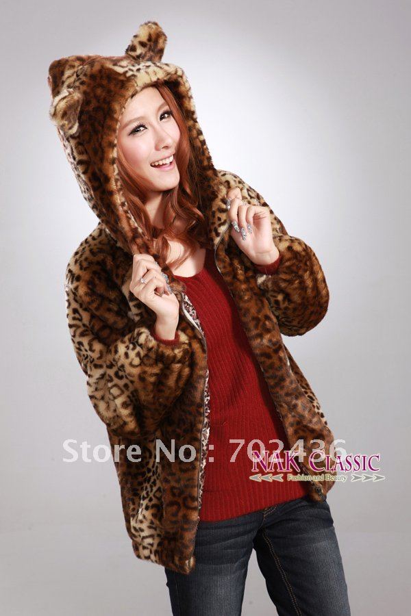 Trendy Women's Leopard Pattern Hoode Fur Coat Outwear Coffe