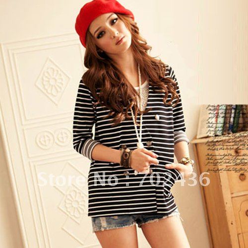 Trendy Women's Stripe Pattern Double-breasted Collarless Suit Coat Outwear