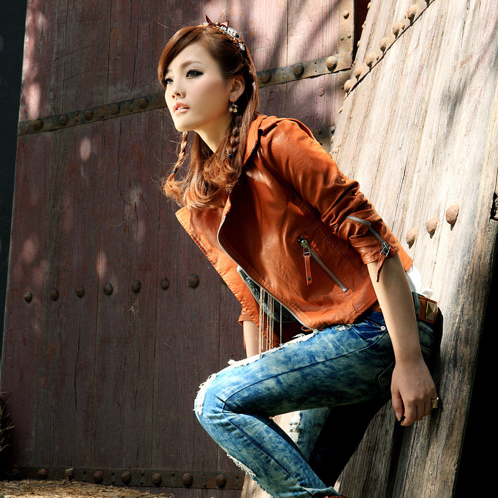 Trumpet 2012 autumn oblique zipper short jacket motorcycle female leather clothing jacket 0j2080i8 free shipping