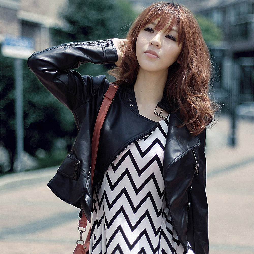 Trumpet autumn motorcycle short design slim small leather clothing women's leather jacket 1g2002g0 free shipping