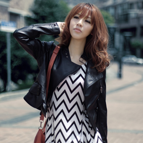 Trumpet spring motorcycle short design PU small leather clothing women's 2002 slim leather jacket