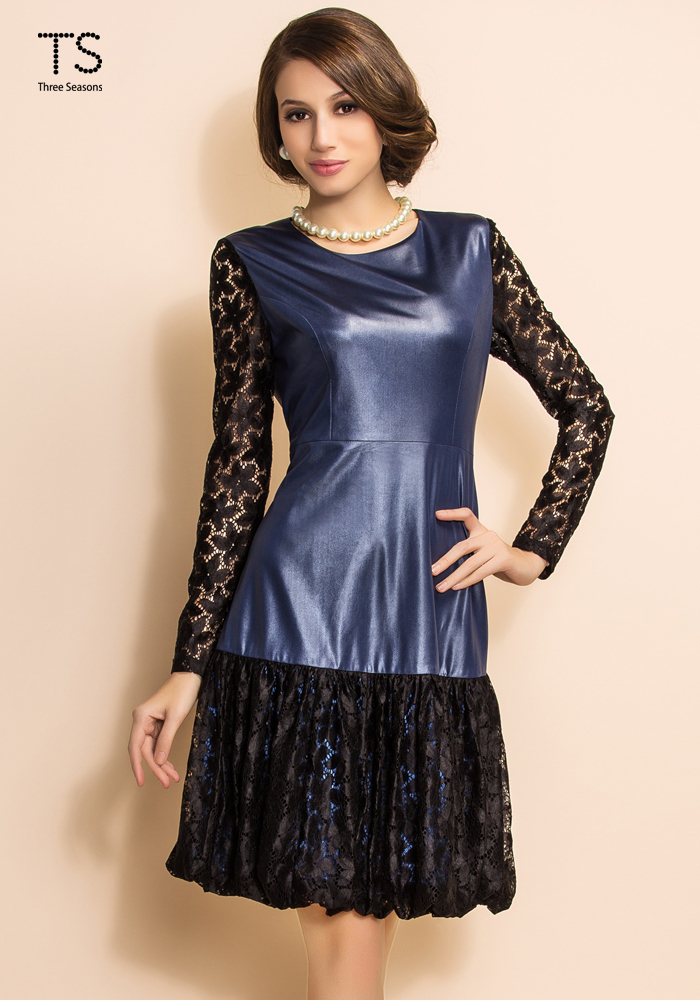 TS Three Seasons  Women/Lady Fashinable   Lace Splicing Imitation Leather Slim Waist Ruffle Dress  #00484645