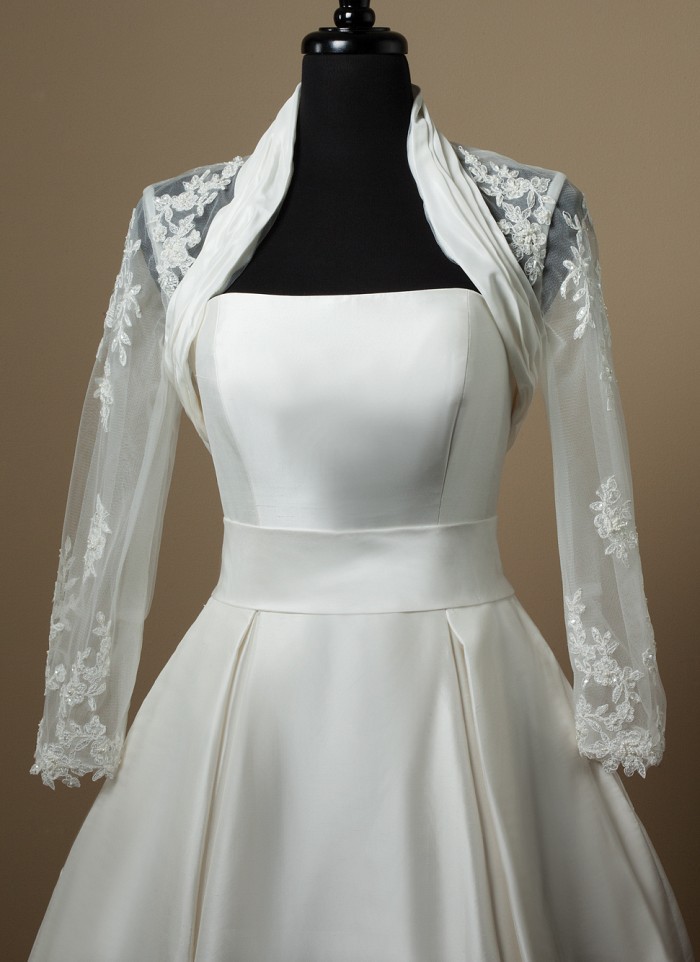 Tulle Wedding Jacket with pleated taffeta at the neckline 3/4 length sleeve with beaded appliques Bridal Wraps
