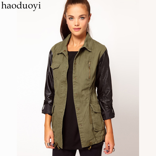 Turn-down collar black PU patchwork military outerwear hunting jacket Army  drawstring round the waist 6 full