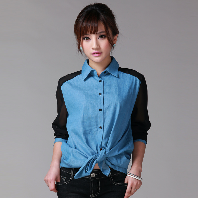 Turn-down collar loose solid color patchwork chiffon raglan sleeve long sleeve length shirt female
