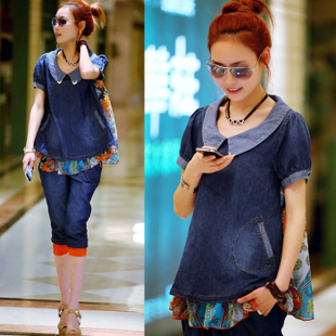 Turn-down collar maternity top short-sleeve patchwork chiffon loose maternity shirt maternity short-sleeve denim t-shirt