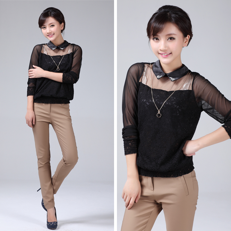 Turn-down collar pearl button chain decoration sexy long-sleeve cutout transparent lace shirt