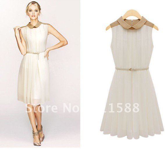 turndown collar pleated skirt  wirh belt free shipping