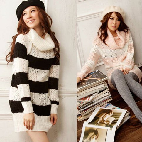 TURTLE NECK STRIPED LONG SLEEVE SWEATERS DRESS 3602