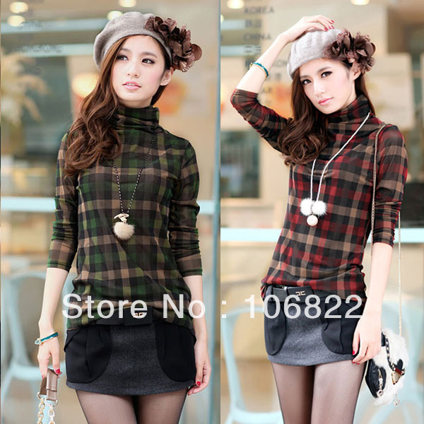 Turtleneck Plaid Slim Shirt blouse Long Sleeve Vintage Casual Top Wooled Lattice HR431