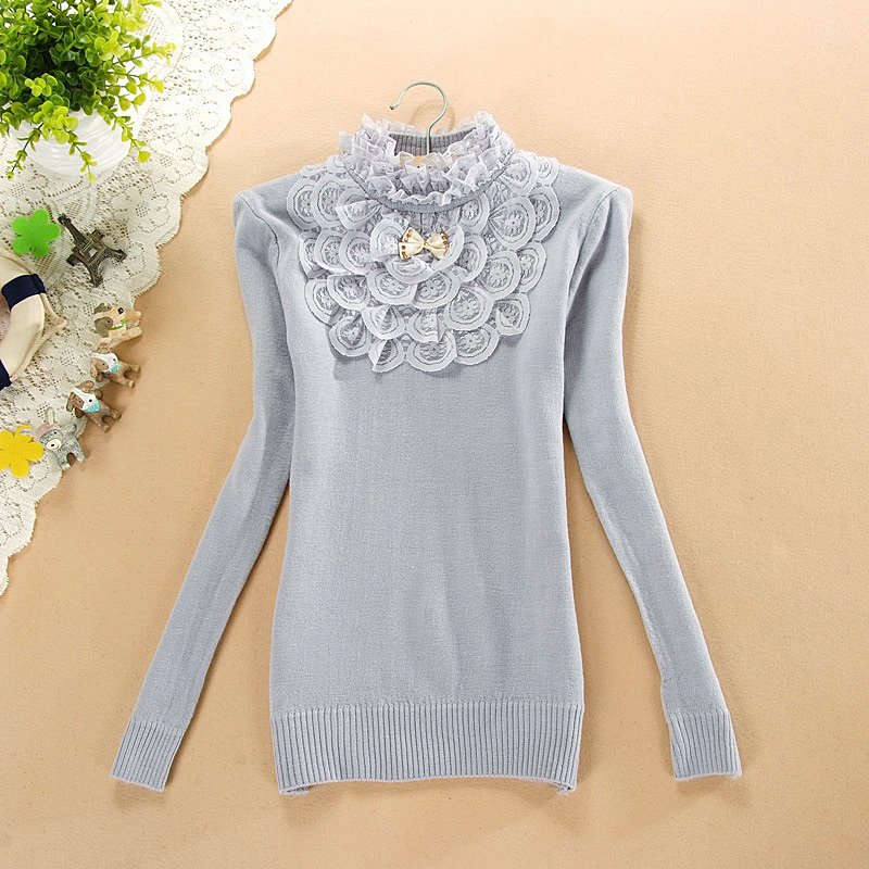 turtleneck sweet candy color gentlewomen lace  knitted wear short design knitted basic shirt sweater