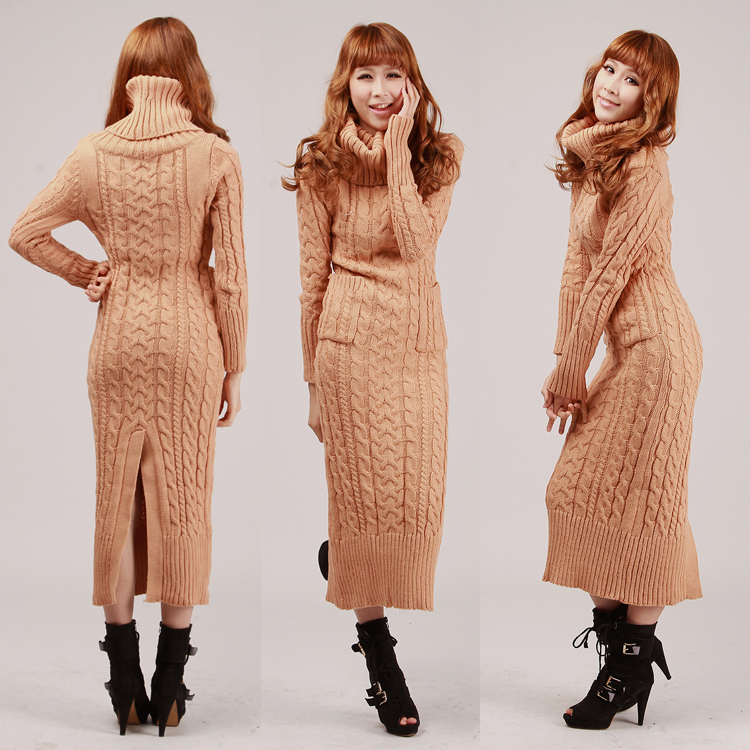 Turtleneck twisted pullover autumn and winter women slim ultra long thickening warm basic sweater one-piece dress full