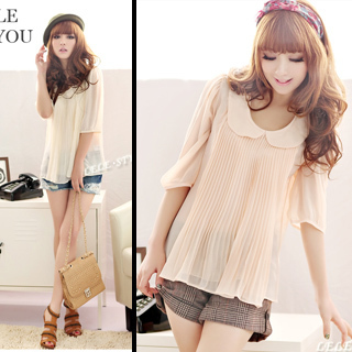 Twin b 8048 spring o-neck princess mounted half sleeve plain chiffon shirt real pictures with model 13-200g